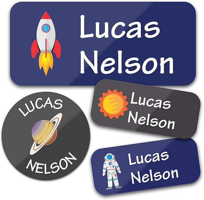 Bunny Badges Personalized Daycare Name Labels for Kids (130 Labels) - Custom Waterproof Name Stickers for Clothing Tags, Water Bottles, Lunch Boxes and School Supplies (Space)