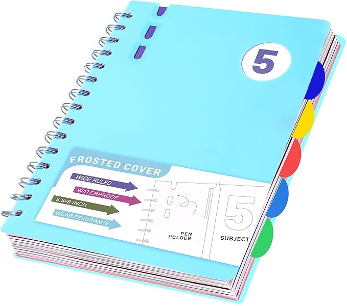 FLYING EAGLE 5 Subject Notebook Wide Ruled Spiral Notebook 5x7, A5 Small Notebook with Remoable Dividers, Hardcover Notebooks for Work, 204 Pages Lined Journal for Women,Teal Blue