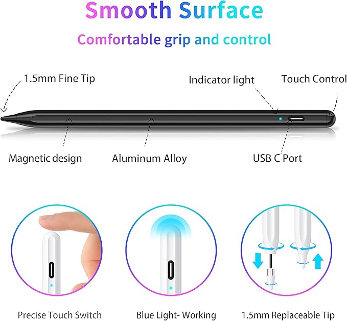 Stylus Pen for Touchscreen, Compatible with iPhone/iPad/Samsung Galaxy Tab A9+ & Android & iOS Phones Tablets, Rechargeable Stylist Pencil High Sensitivity Precision for Drawing Writing, Fast Charge