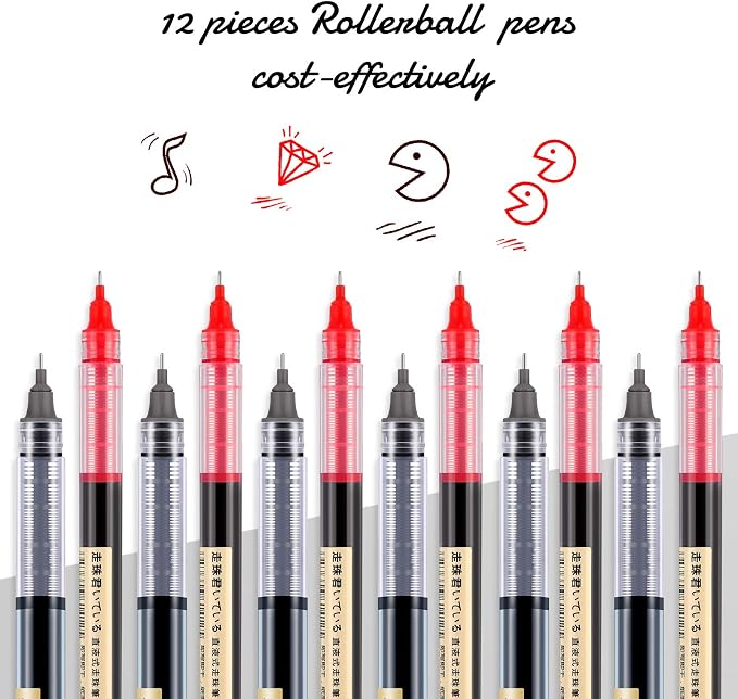 Frienda 12 Pcs Rolling Ball Pen 0.5 mm Japanese Pen,Black and Red