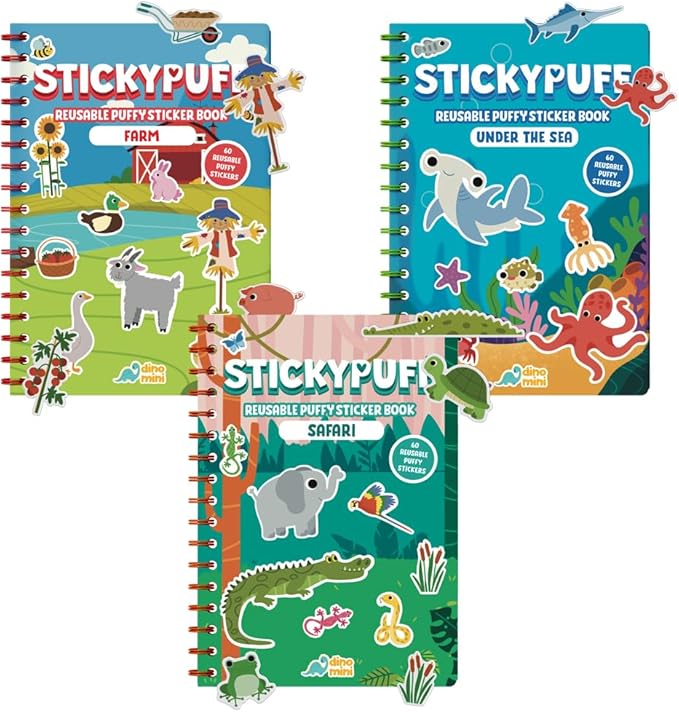 DINO MINI Stickypuff Value Pack - 3 Reusable Puffy Sticker Book for Toddlers - Puffy Stickers for Toddlers - Travel Activities for Kids Ages 4-8 - Screen Free Birthday Gifts (Animals)