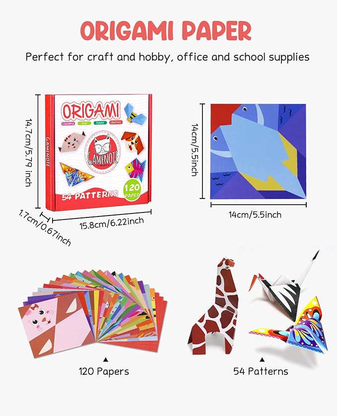 Gamenote Colorful Origami Kit for Kid 54 Projects 120 Double Sided Origami Paper 12 Sheets Practice Papers Instructional Origami Book Origami Gift for 4+ Kids Adult Beginner Training Craft, Daily Life