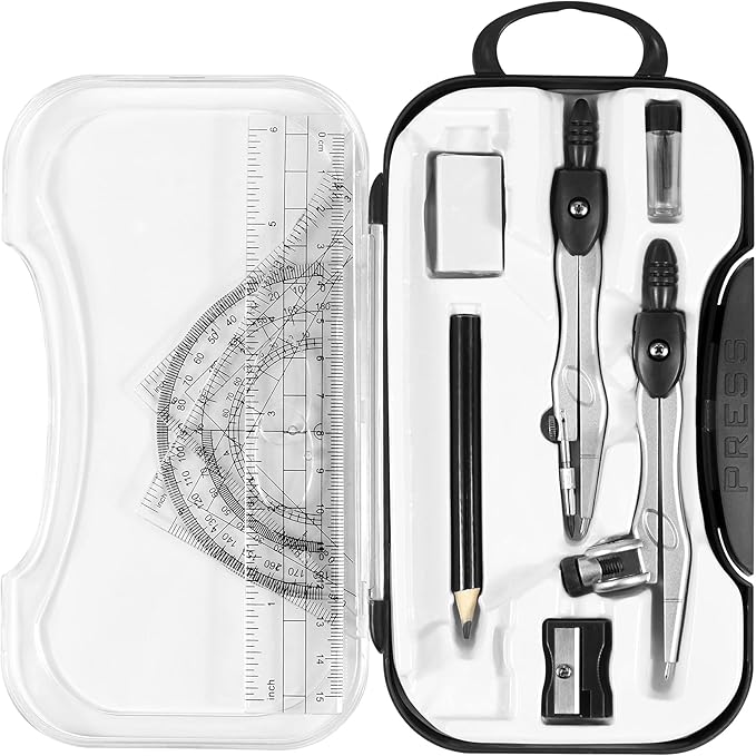 Vobou 10 Pieces Math Geometry Kit Set Student Supplies with Shatterproof Storage Box,Includes Rulers,Protractor,Compass,Eraser,Pencil Sharpener,Lead Refills,Pencil,for School and Drawings（Black）