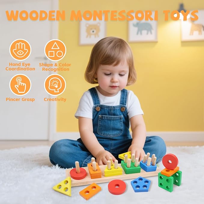 YHHYTOY Montessori Toys for 1 2 3 Year Old - Wooden Baby Stacking Toys Sensory Educational Shape Sorter Color Sorting Toy for Toddlers 1-3, Preschool Learning Birthday Gifts for Baby Girls Boys Kids