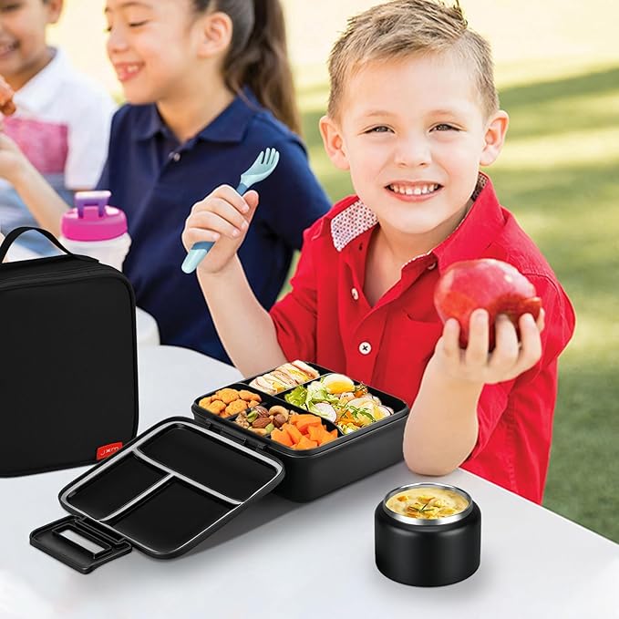 JXXM Bento Lunch Box for Kids With 8oz Soup Thermo,Leak-proof Lunch Containers with 5 Compartment,Thermo Food Jar and Lunch Bag, Food Containers for School (A-Black(Circumnavigate Space))