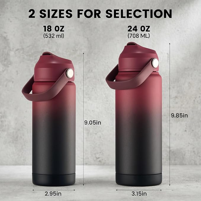 Fijinhom 18 oz Insulated Water Bottle with Straw Lid, Stainless Steel Water Bottles, Double Wall Vacuum, Portable Handle & Non-slip Bottom, BPA Free Leak Proof Metal Bottles (Red+Black/Blue, 2pack)