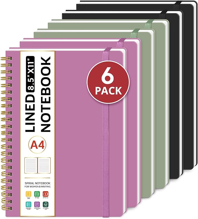 Taja Spiral Lined Notebook, 8.5"x11" Notebooks for Work, 6 Pack, Large A4 Journal for Women & Men, College Ruled Journaling Notebook for Writing, 6 Pcs, Plastic Cover Spiral Journal, Multi