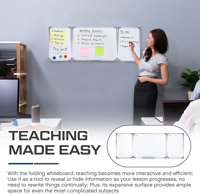 AmazingSpark 48” x 18” Foldable Whiteboard Dry Erase Board Large Tri Folding Whiteboard Magnetic Dry Erase Board, Wall Aluminium Frame and Flip Out Pen Tray for Office, Home