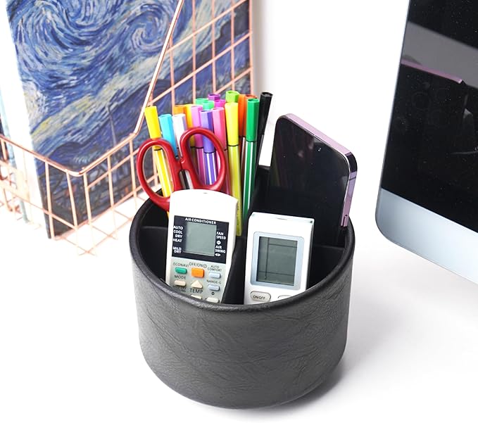 Round Leather Art Supply Organizer,Remote Control Holder,360 Degree Spinning,Multi-Functional Pencil Holder,4 Compartments Desktop Stationary Organizer(1-Crazy Black)
