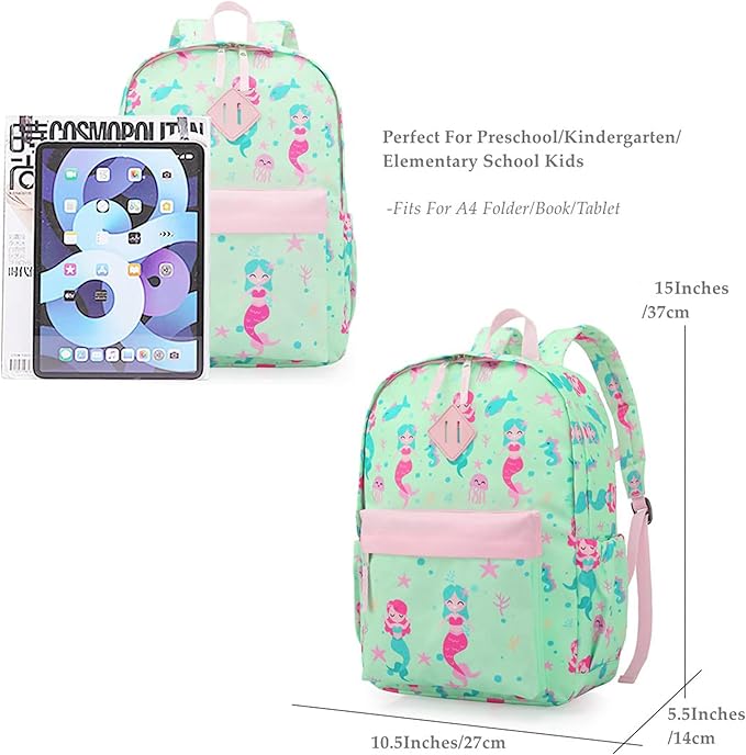 KK CRAFTS Preschool Backpack Kindergarten Little Kids Toddler Elementary School Backpacks for Boys and Girls with Chest Strap(15Inch, Green Mermaid)