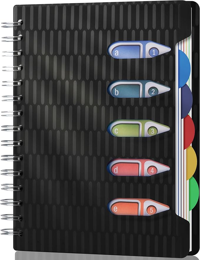 CAGIE 5 Subject Notebook with Dividers, 240 Pages Spiral Notebook 5x7, Small Spiral Notebook College Ruled,100gsm Lined Journal Notebooks with Tabs for Work, School,Office, Note Taking, Black