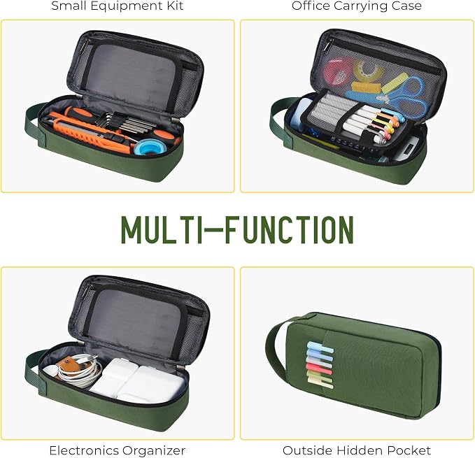 ECHSRT Large Capacity Pencil Case with Hidden Pocket, 1200D Oxford Fabric Zipper Pencil Pouch with Handle, Multi-Pocket Stationery Organizer for Office, College, Travel and Daily Carry, Army Green