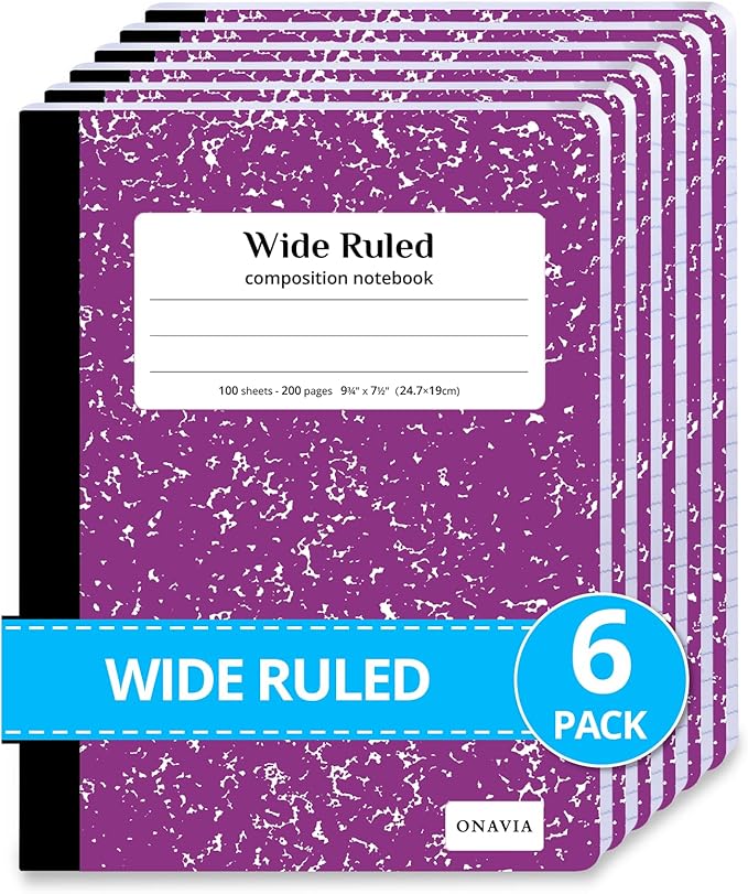 ONAVIA Composition Notebook Wide Ruled 6 Pack, 200 Pages (100 Sheets), 9-3/4 x 7-1/2, Marble Composition Books Bulk, Notebooks for School, Work, Office, Durable Comp Book, School Supplies, Purple