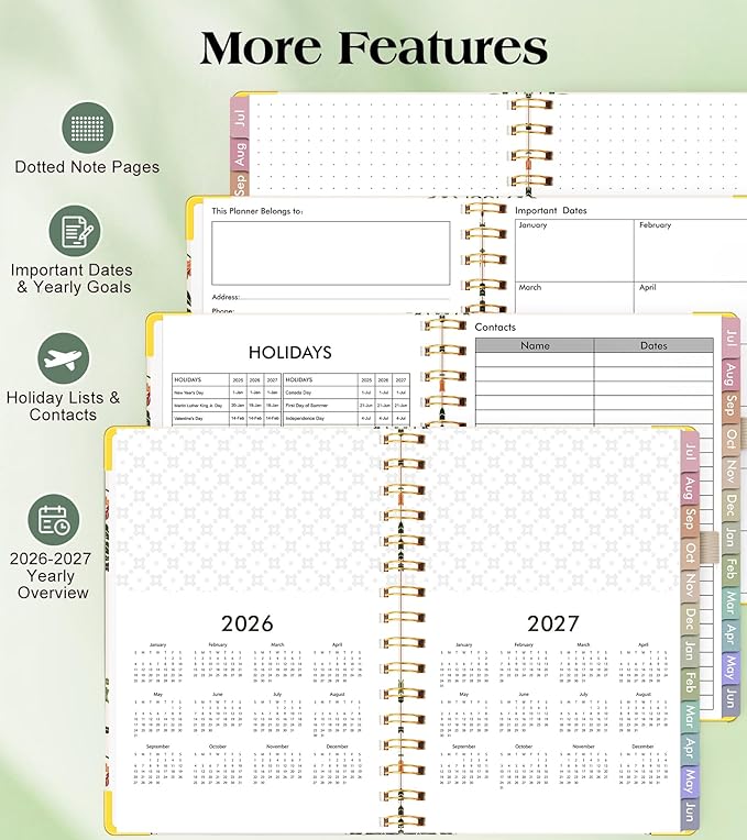Academic Planner 2026-2027, Hardcover Weekly and Monthly Calendar Planner from July 2026 - June 2027, Daily Agenda Planners with Tabs, College School Organizer for Student Teacher, A5 (6.1" x 8.2"), Beige Bouquet