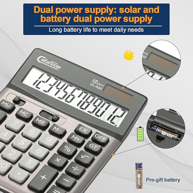 Desktop Calculator 12 Digit with Large LCD Display Big Buttons Basic Standard Function Solar Calculator with Battery Desk Calculators for Office School Home CF-1523