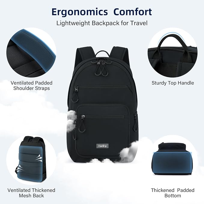 HanTrip 18 Inch Carry on Travel Backpack with Lots of Pockets, Black | 15.6 Inch Laptop Sleeve, Luggage Strap, Water Bottle Pocket, 28 Liters, Lightweight, Water Resistant, 18x14x8 Medium Bookbag