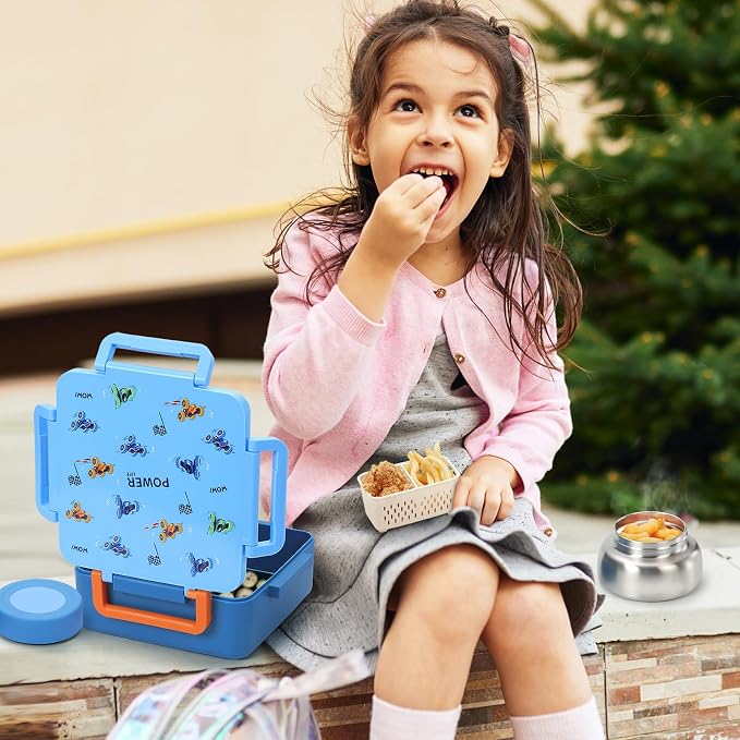 Bento Box for Kids with Thermos, [Large Capacity] Insulated Kids Lunch Box with 4 Compartment for Ages 3+, Drop-Proof & Dishwasher Safe Lunchbox Container Blue