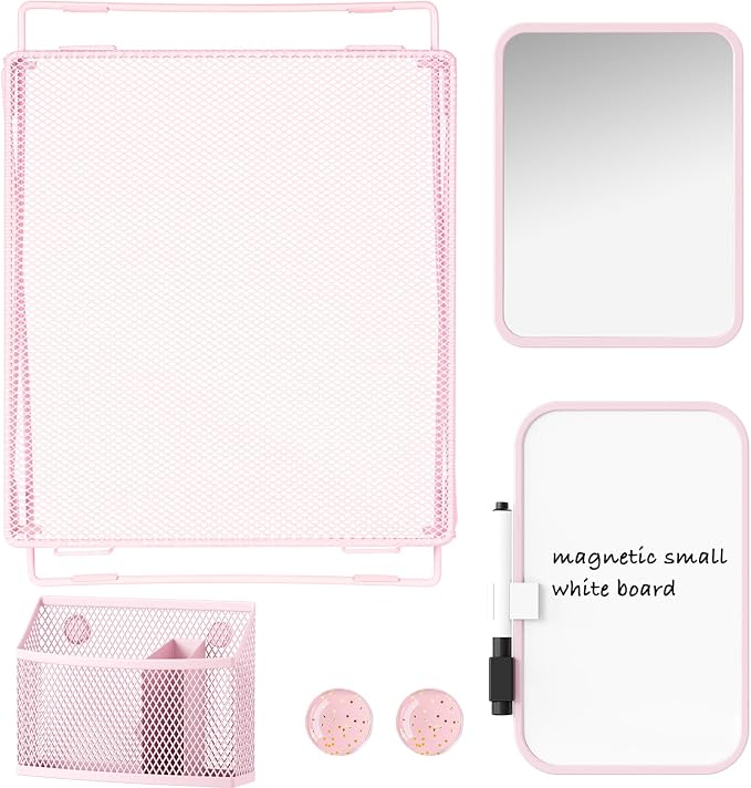 Svartur Pink Locker Accessories with Locker Shelf, Magnetic Mirror, Magnetic Pen Holder, Magnetic Small Whiteboard, Back to School Essentials Locker Decorations, 7 Piece Locker Organizer for Work