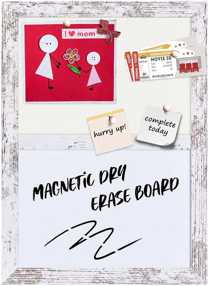 Bulletin Board Whiteboard White Felt Board Combo for Office School Kitchen Bedroom, White Wood Frame,10.2"*14.2",Whiteboard+WH-2636WH