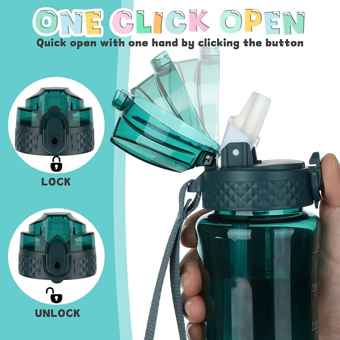 OLDLEY 12oz Kids Water Bottle, Tritan BPA-Free, Leakproof Flip Straw Lid, Motivational Time Marker, Carry Strap, Reusable Clear Water Bottle for Boys & Girls,Trout Green