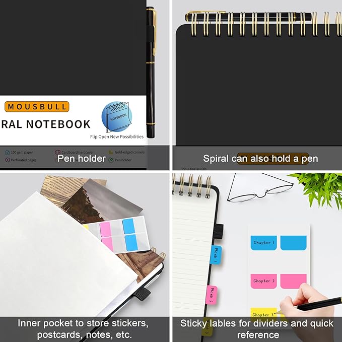 Top Spiral Notebook, A4 Hardcover Top Bound Steno Pads, 240 Pages 100gsm College Ruled Left Handed Notebook Journal for Work, School, Meeting Writing - Black, 8.5" x 11"