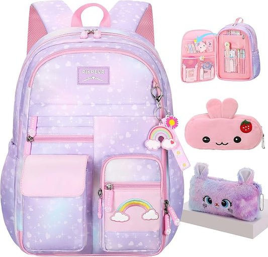 Jcobvig Rainbow Backpack For Girls Kids,Cute Student School Backpack With Pen Bag,Aesthetic Starry Rainbow Laptop Travel Bag