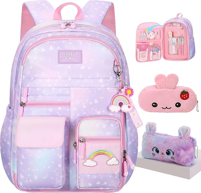 Jcobvig Rainbow Backpack For Girls Kids,Cute Student School Backpack With Pen Bag,Aesthetic Starry Rainbow Laptop Travel Bag