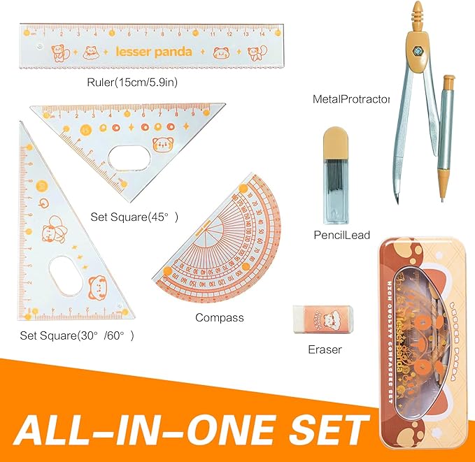 7Pcs Geometry Set for Students – Math Protractor, Compass Geometry Tool, Ruler & Mechanical Pencil, Back to School Math Kit for Kids, School Supplies for Classroom, Drafting Tools with Case