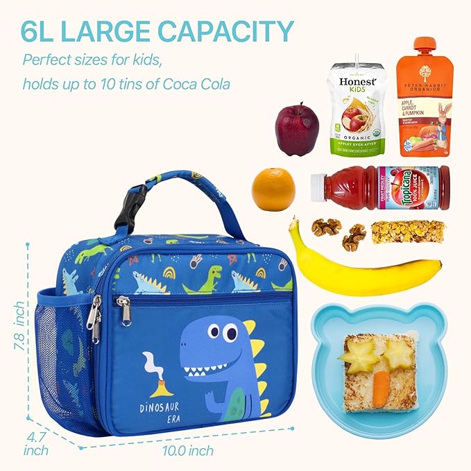 Bagseri Kids Lunch Bag Boys - Thermal Insulated Lunch Box Tote with Water Bottle Holder, Reusable Leak-Proof Kids Lunch Box for Daycare & School, Blue Cute Dinosaur (Containers Not Included)