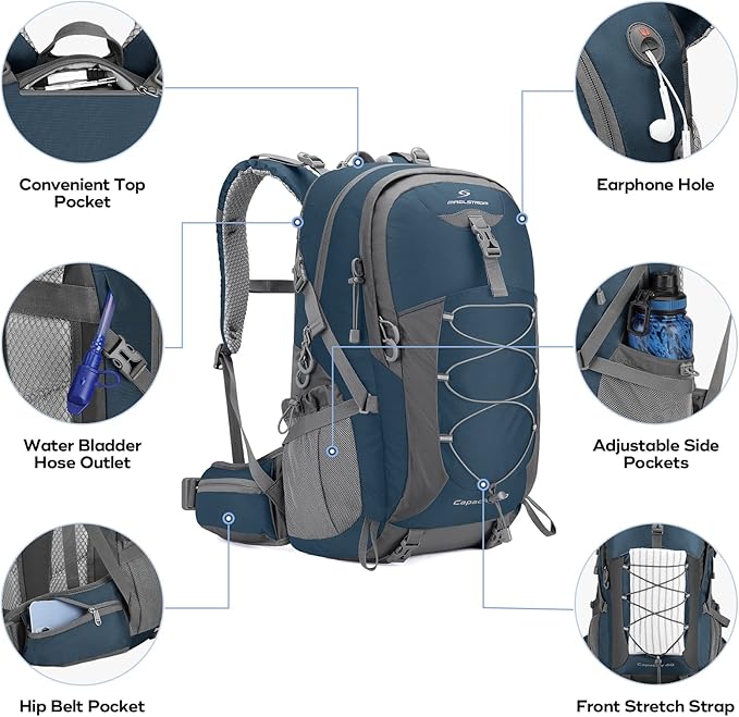 Maelstrom 40L Hiking Backpack, Lightweight Camping Daypack with Rain Cover | Water-Resistant Rip-Stop Nylon, Wet/Dry Separation, Multi-Pockets, Survival Whistle. Ideal For Men, Women, Travel, Trekking