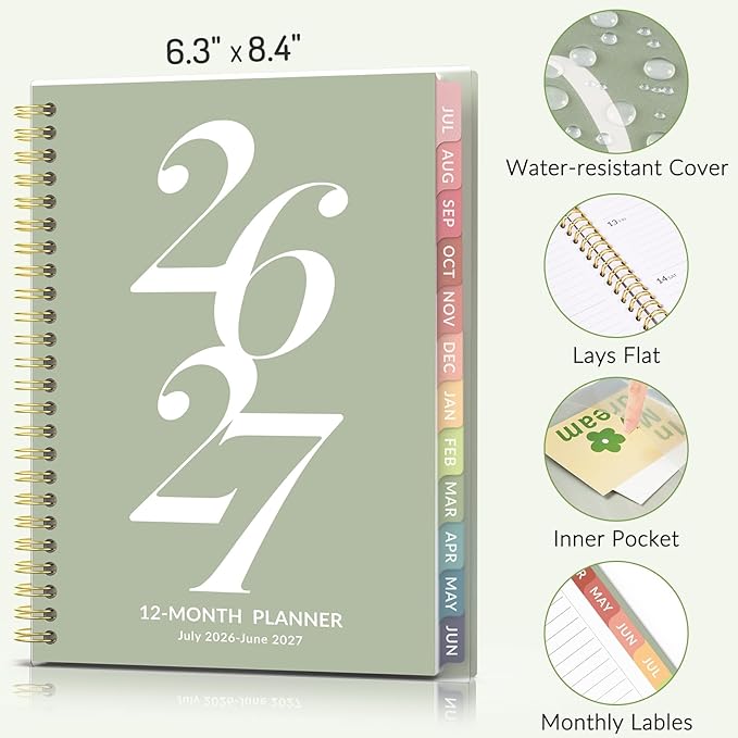 Forvencer Planner 2026-2027, July 2026 - June 2027, 6.3" x 8.4" Academic Planner Monthly and Weekly Calendar Planner with Spiral Bound, Month Tabs, Flexible Cover for School Office (A5, Black)