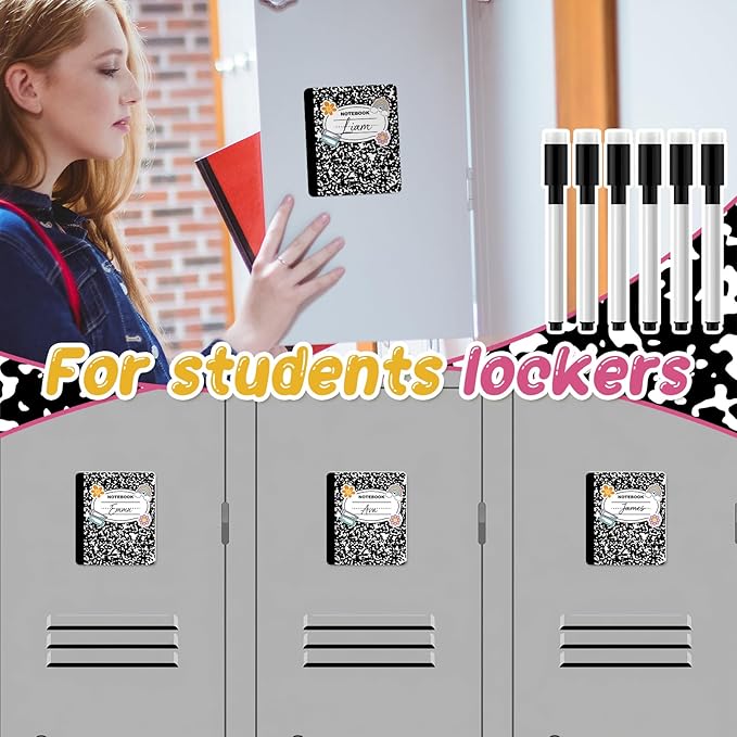 Crtiin Magnetic Name Tags for Lockers Composition Notebook Dry Erase Labels Magnetic Reusable Name Tags for Back to School Whiteboard Classroom School Bus Locker Fridge