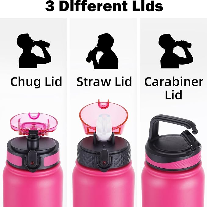 dley Insulated Water Bottle 32oz Water Bottles with Straw, Stainless Steel Water Bottle with 3 Lids, Double Wall Vacuum Bottles for Adult, Leak-proof Sports Bottles for School Travel, Rose Red-Green
