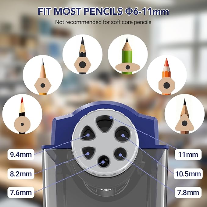 AFMAT Electric Pencil Sharpener for Classroom, 6 Holes, Cordless & Rechargeable, Super Fast, Auto Stop, 10K+ Uses, Heavy Duty Pencil Sharpener for 6-11mm No.2/Large/Colored Pencils PSD4(Blue)