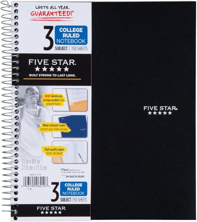 Five Star 06210 Wirebound 3-Subject Notebook, College Rule, 11 x 8 1/2, 150 Sheets, Assorted (Pack of 2)