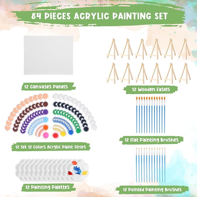 Qilery 12 Set Canvas Painting Kit, Mini Canvas with Wooden Easels Acrylic Paints Strips, Brushes, Palette, Art Set for Acrylic Oil Watercolor Adults Birthday Party Favors(8 x 10 Inch)