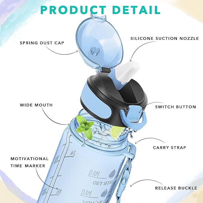 Enerbone 32 oz Water Bottle with Times to Drink and Straw, Motivational Drinking Water Bottles with Carrying Strap, Leakproof BPA & Toxic Free, Ensure You Drink Enough Water for Fitness Gym Outdoor