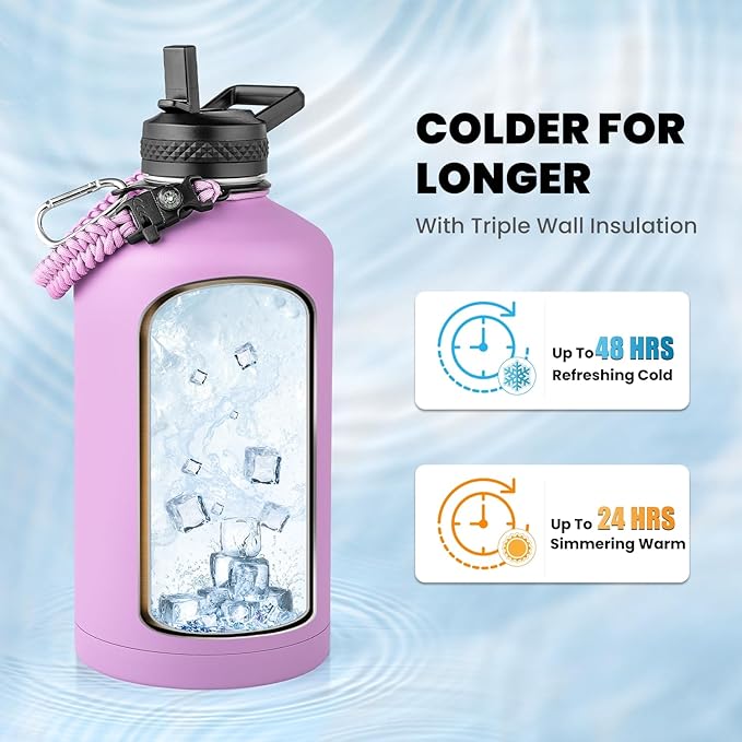 RAYMYLO One Gallon Water Bottle Insulated, Triple Walled Vacuum Stainless Steel (Cold for 48 Hrs), Leak Proof & Non-BPA, Large Water Flask Jug with Paracord Handle & Straw Spout Lids