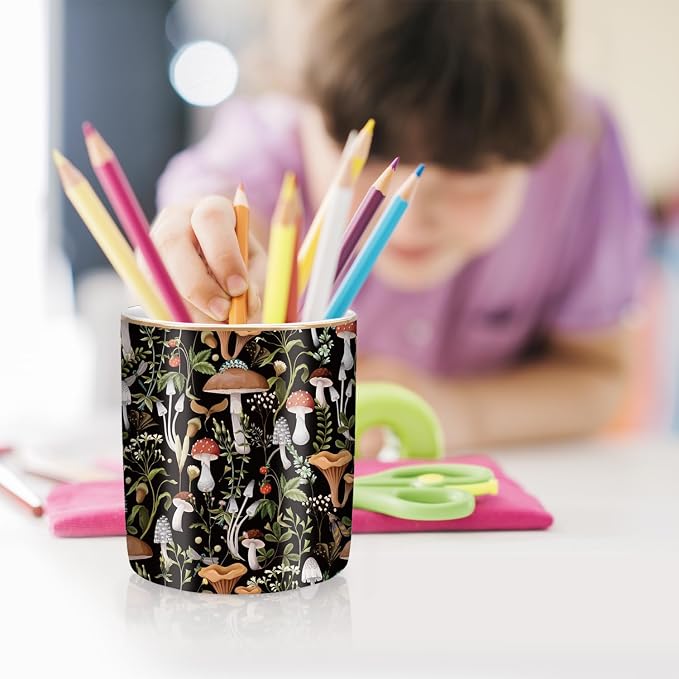 Pen Pencil Holder for Desk, Ceramic Pen Cup Cute Makeup Brush Holder, Unique Desk Multifunctional Pens Organizer for Home, Office, Mushrooms Pattern