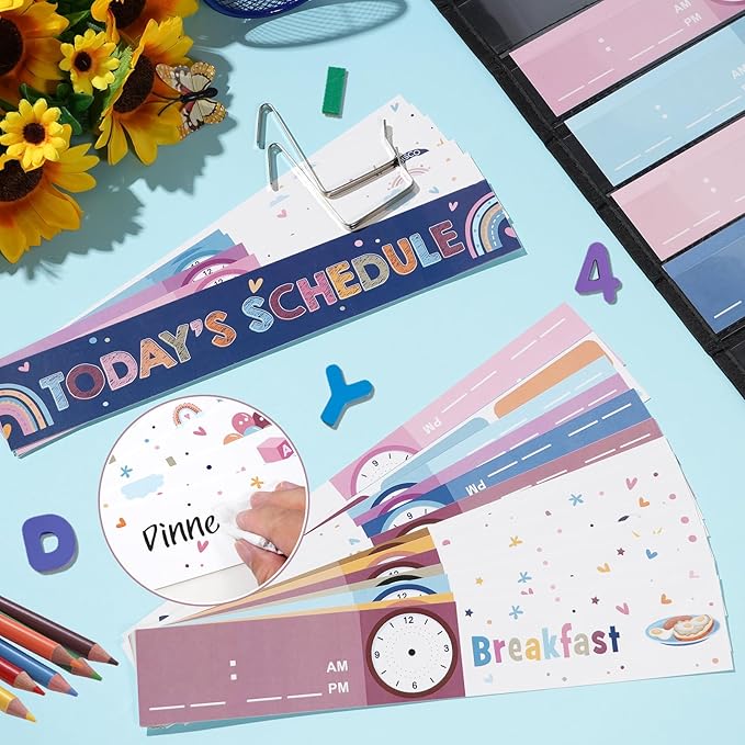 Boho Daily Schedule Pocket Chart for Classroom, 13+1 Pockets with 42 Designed Schedule Cards, Black Classroom Kids Daily Schedule Pocket Chart for Home Office Back to School Classroom Decorations