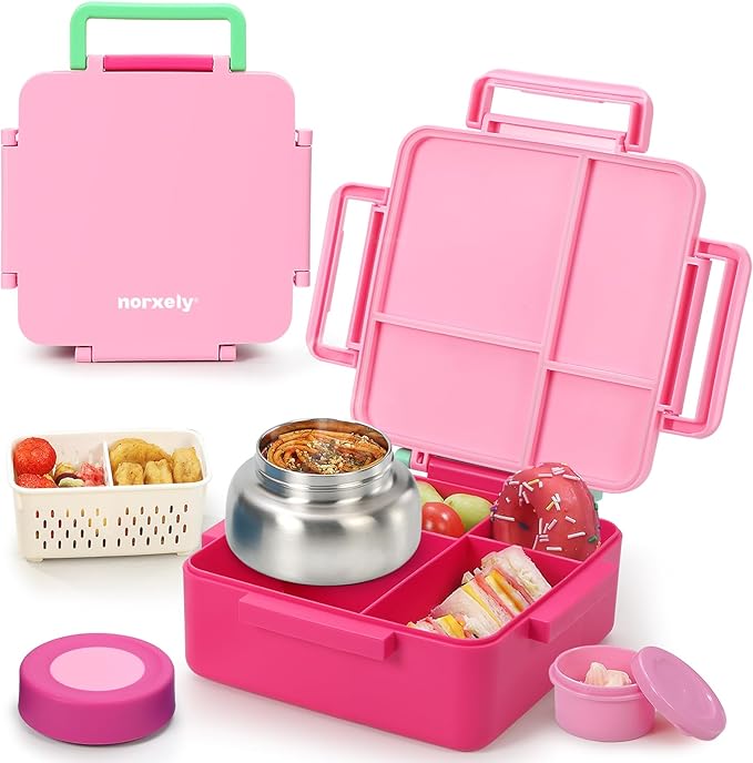 Bento Box for Kids with Thermos, [Large Capacity] Insulated Lunch Box Kids with 4 Compartment for Ages 3+, Drop-Proof & Dishwasher Safe Lunchbox Container Pink