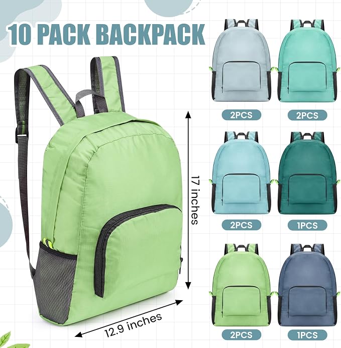 Jexine 10 Pcs Backpacks Bulk 16.5 Inches Lightweight Travel,Mint Meadow | Basic Book Bags for School Outdoor, Foldable Storage, Ideal Students Adults Commuters, Bulk Backpack Set for Teams