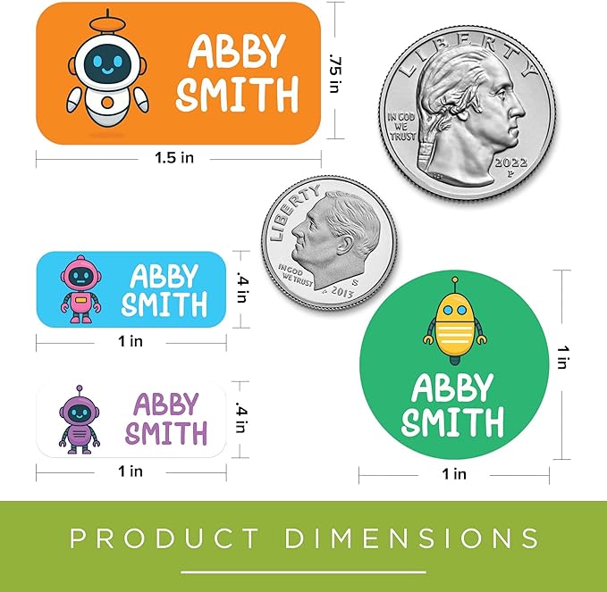 Personalized Daycare Name Labels for Kids, (130 Pack) Waterproof Custom Name Stickers for Clothing Tags, Lunch Boxes and School Supplies, Made in USA by MSC -Robots