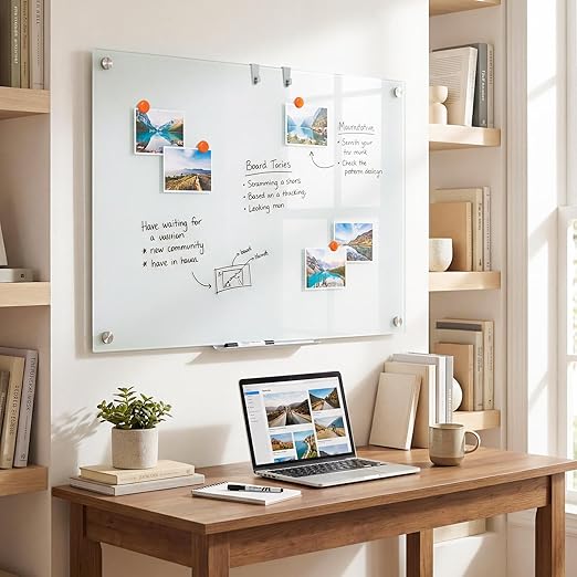 Goplus Magnetic Glass Whiteboard, 36" x 24" Wall Mounted White Board with Eraser, Accessory Tray, 2 Markers, 4 Strong Magnets, 2 Hanging Hooks, Frameless Glass Dry Erase Board for Office, School, Home