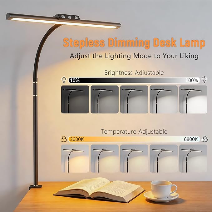 LED Desk Lamp for Home Office, Flexible Gooseneck Desk Lamp with Clamp, 5 Color Touch Control Stepless Dimming Adjustable Eye-Caring Desk Light with Adapter for Reading, Drafting, Study, Workbench