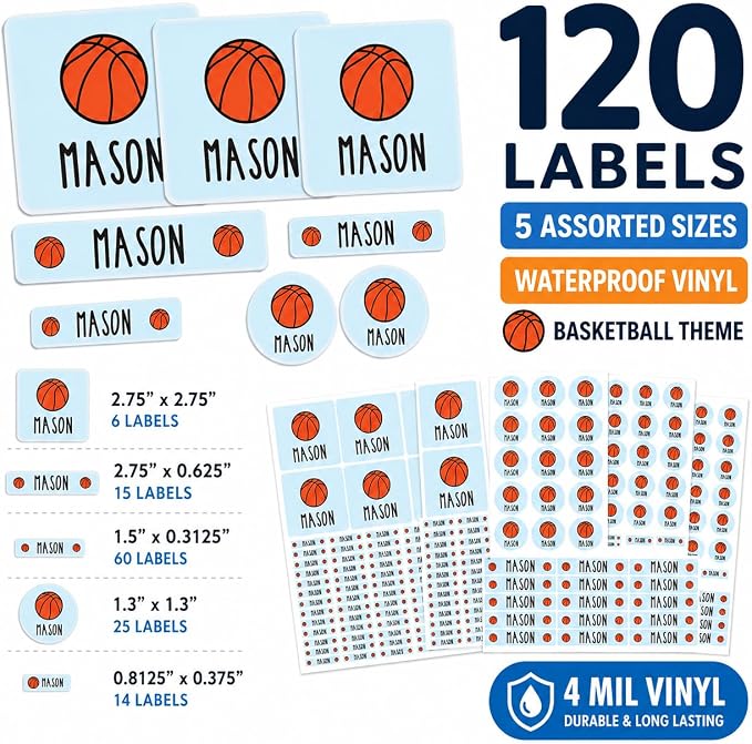 Andaz Press Custom Personalized Waterproof School Name Labels, Basketball, 120-Pack, Kids Labels Combo Pack, Customizable Multi-Use Name Stickers for Preschool, Daycare, Back To School Supplies, Sport