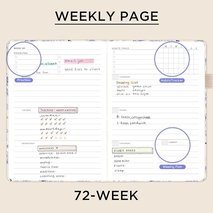&And Per Se Undated Planner, Weekly & Monthly Planner with Goal & Habit Tracker, A5 Leather Hardcover Productivity Journal for Academic Year (Blue Flowers)