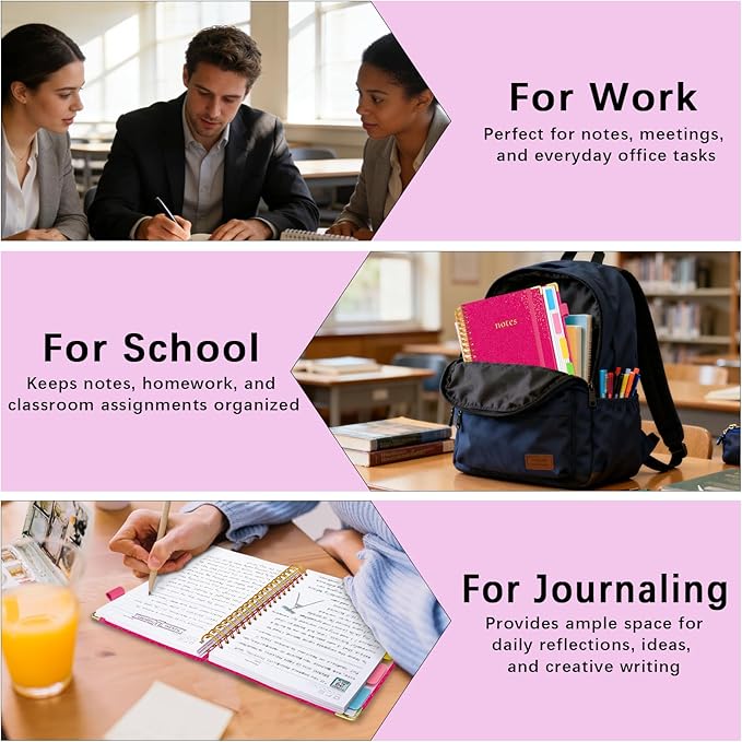Hardcover Spiral Notebook with Removable Dividers & Tabs, 8.5"x11" 5 Subject Notebooks for Work, 300 Pages College Ruled Notebook, A4 Sparkle Lined Journal for Women Girls Note-Taking (Rose Red)
