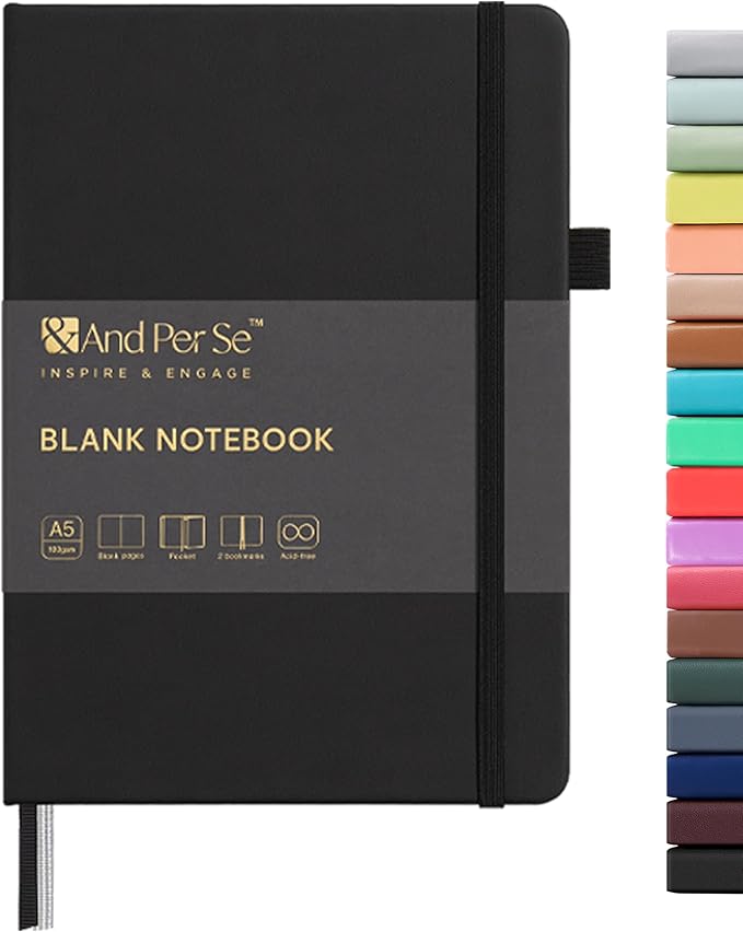 &And Per Se Blank Sketch Notebook, A5 Hardcover, 160 Pages 100gsm Thick Paper, Unlined Journal for Drawing, Doodling, Hand Lettering – Creative Gift for Artists, Designers, Writers (Black)