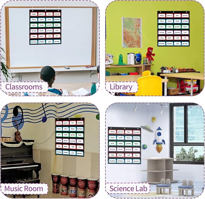 ANCOMEDO 20”W x 25”H Classroom Words Pocket Chart with 6 Clear Pockets, Black Standard Pocket Chart for Classroom and Home for Sentence Strips, Reusable Clear Pocket Hanging Words Chart (Black)